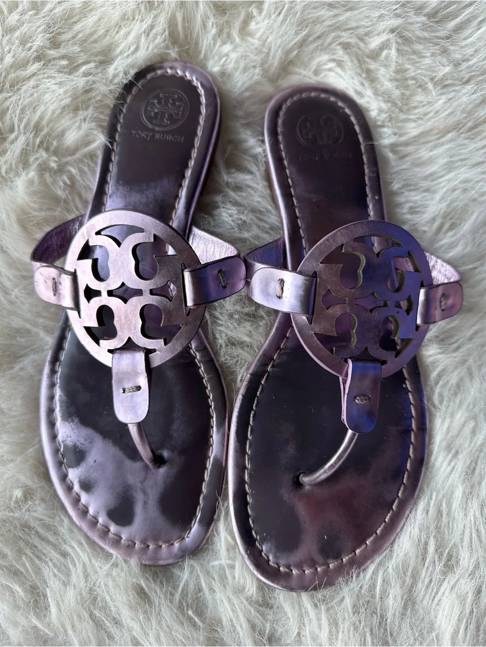 Tory Burch metallic Purple Miller Logo Thong Sandals eggplant patent leathe